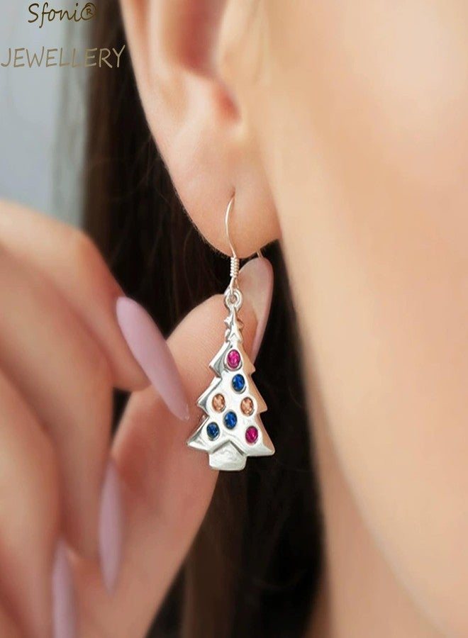 Sfoni Christmas Tree Earrings, Red Green Earrings Silver Sparkling Cubic Zirconia Dangle Earring 18K White Gold Colorful Rhinestone Xmas Earring Jewelry Gifts for Women Lady Girl with Gift Card & Box - Image 3